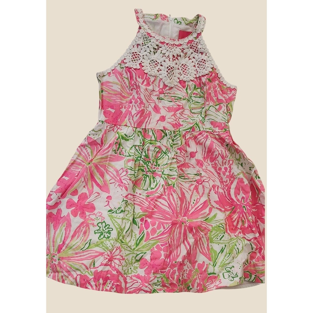 Lilly Pulitzer Girls Pink Green Floral Crochet Lace Halter Dress Size 12